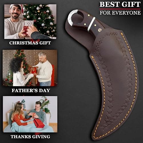 RC Damascus Hunting Knife with Leather Sheath | 9'’ EDC Knife for Men - WOODEN Handle | Full Tang Fixed Blade handmade Knives - it's a unique product for unique buyers. (Brown) thumbnail 7