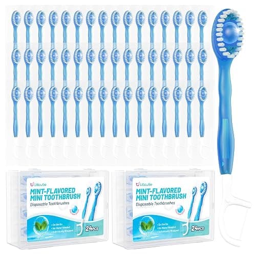 Litlcutie 48 Pack 5 in 1 Disposable Mini Toothbrush Travel Set Mint Flavor | Individually Wrapped, Built-in Toothpaste, Floss, Tooth Pick, Tongue Scraper, Portable for Kids Adults - Image 1
