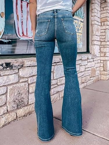Flamingals Women's Bell Bottom Jeans Flared Ripped High Waist Stretchy Distressed Denim Bootcut Jeans thumbnail 4