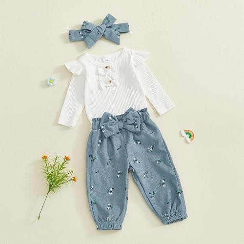 YINGISFITM Newborn Baby Girl Clothes Daddys Girls Outfits Pants Sets 3pcs | Baby Girl Fall Outfit,Daddys Girl Baby Outfits,Long Sleeve Romper + Bow Pants + Headband,Newborn Girl Coming Home Outfit thumbnail 8