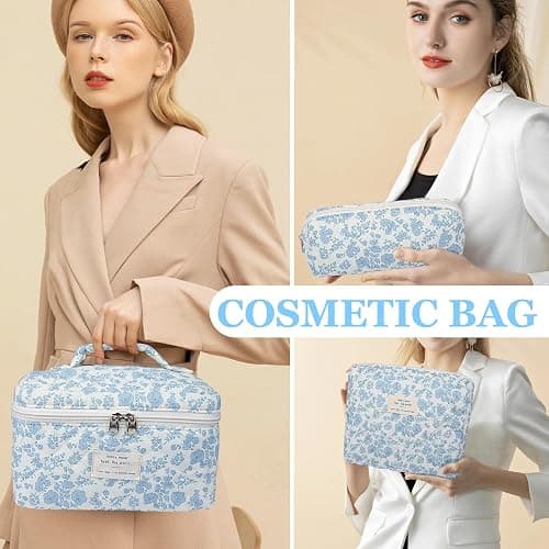 Makeup Bag, Large Quilted Cosmetic Bag, Big Floral Make Up Bag for Women Girls, Cute Cotton Makeup Bag Set, Flower Travel Toiletry Organizer Bag (Blue Flower) thumbnail 5