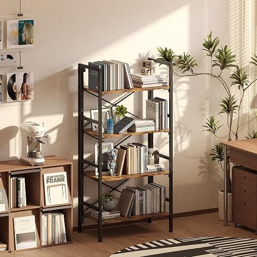 Homeiju Folding Bookshelf,4 Tier Bookcase Foldable Shelf with X-Bracket Design, Adjustable Feet, Space Saving Storage for Living Room, Office, Rustic Brown thumbnail 2