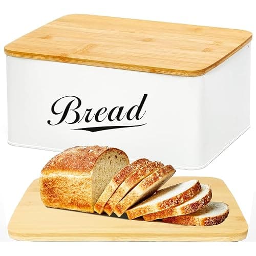 RoyalHouse Modern Metal Bread Box with Bamboo Cutting Board Lid, Bread Storage Container for Kitchen Counter, Vintage Kitchen Decor Organizer - Image 1