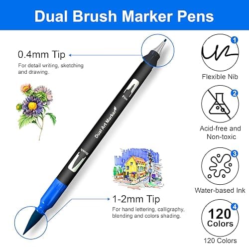 Halobios 120 Colors Dual Brush Marker Pens, Art Markers with Fine and Brush Tip Coloring Markers for Adults, Marker for Journaling Calligraphy Drawing Sketching Doodling Illustrating thumbnail 6