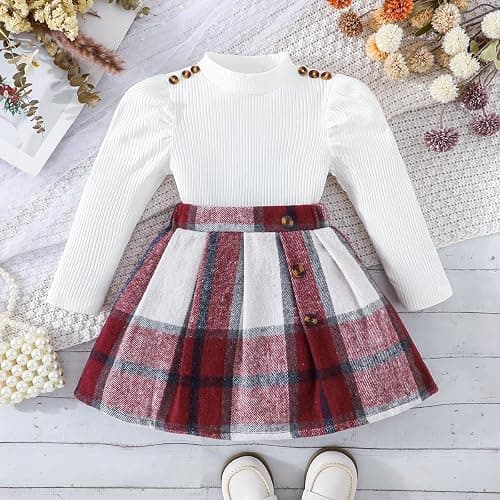 Guodeunh Toddler Girl Clothes,Girls Clothes Skirt Set Puff Sleeve Tops + Plaid Skirt 2 Pcs Fall Winter Outfits thumbnail 5