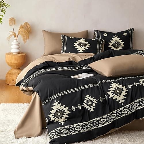 Wake In Cloud - Western Comforter Set, Boho Southwestern Farmhouse Style with Aztec Diamond Geometric Pattern, Soft Lightweight Bedding, 3 Pieces, Black Brown, Queen Size thumbnail 3