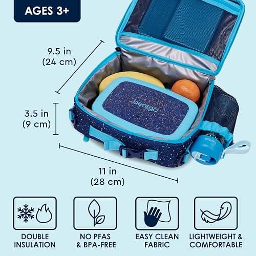 Bentgo Kids Lunch Bag - Double-Insulated, Reusable Lunch Bag for Kids 3+ with Adjustable Strap; Holds Lunch Box/Water Bottle/Snacks; Easy-Clean, Water-Resistant & Pockets (Confetti - Abyss Blue) thumbnail 2