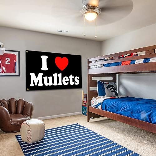 I Love Mullets Flag 3x5 Ft Funny Man Cave Wall I Heart Mullets Flag for Room Teen Girls Indoor Outdoor Bedroom and College Dorm Wall Decor Banner Tapestry Gifts thumbnail 5