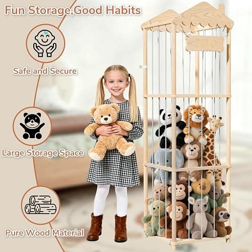 AMBIRD Stuffed Animal Storage, Wood Stuffed Animal Zoo Holder, Large Kids Toy Organizers, Plushies Storage for Boys Girls Bedroom, Playroom, Nursery (15.75 x 15.75 x 55 inch) thumbnail 3