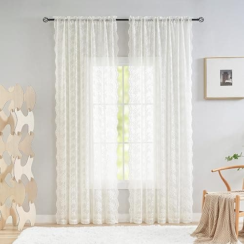 YJ YANJUN Vintage Lace Curtains 84 Inches Long-Romantic Flowers and Branch Sheer Lacy Curtains for Living Room French Door 1 Pair Rod Pocket, 52 x 84 Inch Ivory thumbnail 3