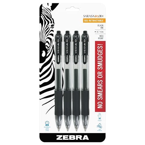 Zebra Pen SARASA Dry X20 Retractable Gel Pens, 0.7mm Medium Point, Black Ink with Rapid Fast Dry Ink Technology, Ideal for the Left Handed, Elimates Smudging and Smearing in Seconds, 4-Pack (46814) - Image 1