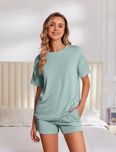 Ekouaer 2 Piece Sets for Women Matching Lounge Sets Summer Outfits | Casual Loungewear, Ribbed Loose Set, Short Sleeve Shirt and Shorts, Crewneck, With Pockets thumbnail 2