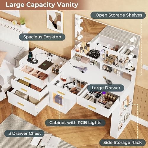 VIAGDO Makeup Vanity Desk with 3-Colors Lighted Mirror, White Vanity Table with Charging Station, 5 Drawers Makeup Desk Dressing Table with Storage Shelves for Bedroom Dressing Room thumbnail 3