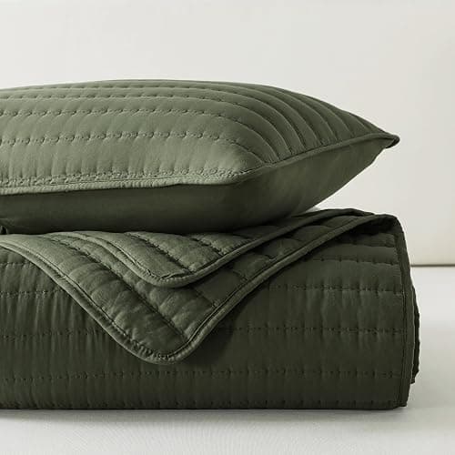 ROARINGWILD Olive Green King Size Quilt Set, Striped Pick Stitch Lightweight Bedspread, Soft Channel Farmhouse Rustic Coverlet, Spring Summer Thin Comforter, Country Bedding, 104x90 inches thumbnail 7