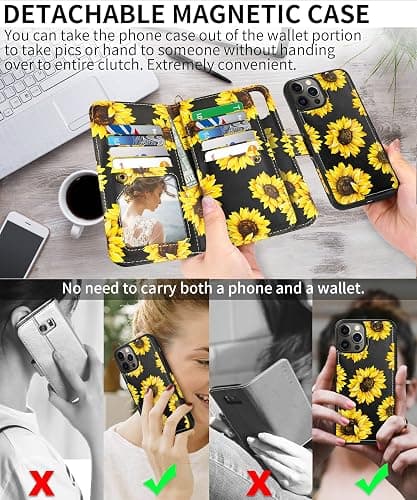 CASEOWL Compatible for iPhone 13 Pro Wallet Case for Women, Detachable Floral Leather Flip Wallet Phone Case with 9 Card Holder[RFID Blocking], Wristlet, Full Body Protective Case (Sunflower) thumbnail 3