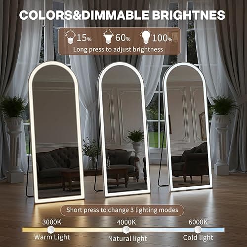 Arched Full Length Mirror with LED Lights, 60"x16" LED Floor Mirror with Stand, Body Floor Mirrors with Dimming & 3 Color Lighting, Wall Mounted LED Mirrors for Bedroom, Dressing Room, Cloakroom thumbnail 4