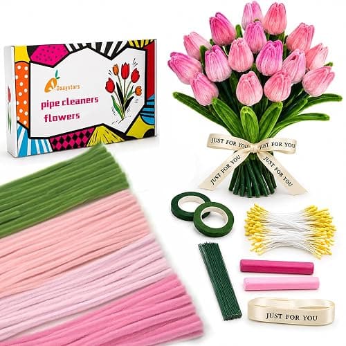 Quaystars 400Pcs Pipe Cleaners Bulk for Crafts - Tulip Flower Making Kit with Chenille Stems, Wire & Tape - DIY Arts and Crafts Supplies for Adults, Gift (Green, Pink) - Image 1
