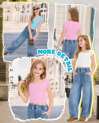 LessonZoo 3 Pack Girls' Short Sleeve Crop Tops | Cap Short Sleeve, Square Neck, Slim Fit, Cropped Tees, Basic Layerings, Cute, Casual, Back to School, Trendy, Vacation thumbnail 5