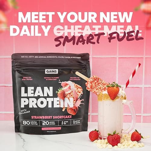 Gains in Bulk Lean Grass Fed Whey Protein Powder With Collagen Peptides, Gluten Free, 20 G Protein & 5 G Collagen, Plant Enzymes to Support Digestion, Natural Flavor, Strawberry Shortcake, 27 Servings thumbnail 4