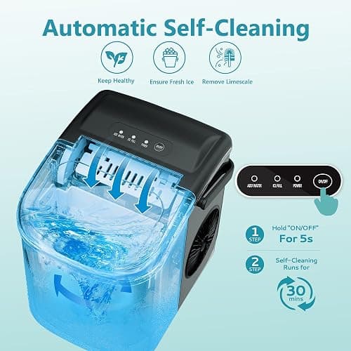 EUHOMY Countertop Ice Maker Machine with Handle, 26lbs in 24Hrs, 9 Ice Cubes Ready in 6 Mins, Auto-Cleaning Portable Ice Maker with Basket and Scoop, for Home/Kitchen/Camping/RV. (Black) - ICE MACHINE - 11.57"D x 11.42"W x 8.74"H - Black thumbnail 5