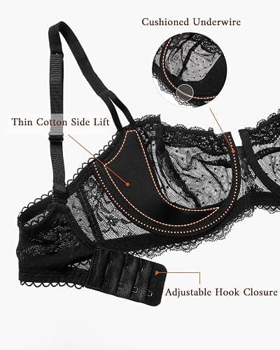 Lemorosy Women's Balconette Push Up Bra Unlined Non-Padded Half Cup Lace Sheer Underwire thumbnail 5