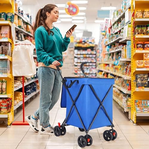 Folding Shopping Cart with Wheels,Foldable Shopping Cart for Groceries,Large Capacity 120lbs Utility Cart,Hulken Bag with Wheels for Laundry Grocery, Baggage, Picnic (Blue) thumbnail 4