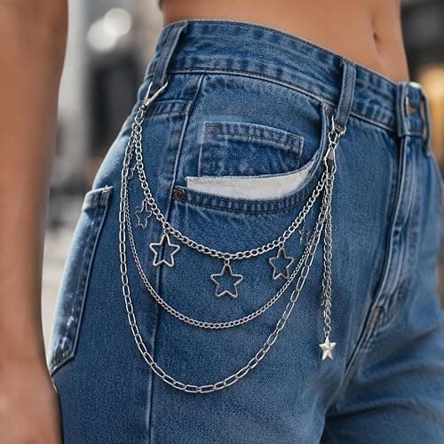 Gothic Silver-Tone Layered Star Pants Chain, Wallet Chain Punk Chains Cute Hip Hop Star Lock Charm Jeans Chains Goth Grunge Emo Punk Accessories for Women Men thumbnail 3