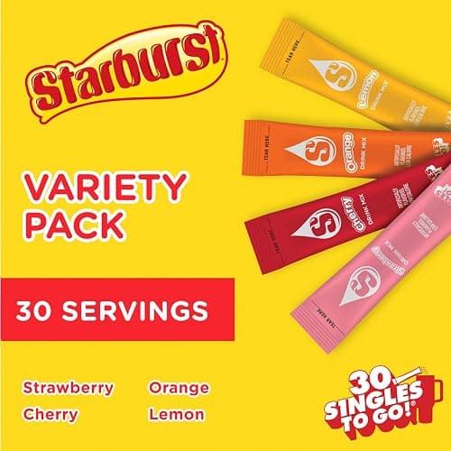 Starburst Singles to Go Variety Pack, Watertok Powdered Drink Mix, Includes 4 Flavors, Strawberry, Cherry, Orange And Lemon 1 Box (30 Servings) thumbnail 2