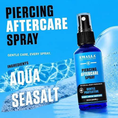 Emalla 3-in-1 Piercing Aftercare Spray 2oz Saline Spray for Piercings | Gentle Ear Piercing Cleaner Saline Solution for Piercing Soothing Piering Bump Care Alcohol Free Daily Mist Nose Belly Button thumbnail 2