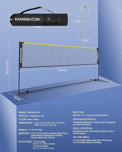 SANGMUCEN 10/13/16.5ft Portable Badminton Net Set Outdoor and Indoor, Height Adjustable Sports Net for Volleyball, Pickleball, Tennis,Stable Alloy Steel Frame and Carry Bag for Backyard, Beach, Pool thumbnail 9