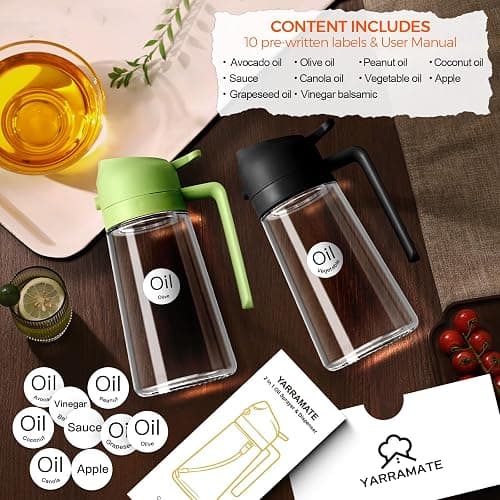 YARRAMATE 16oz/470ml Glass Olive Oil Sprayer for Cooking with Stickers, 2 in 1 Oil Dispenser for Kitchen Gadgets, Food Grade Premium Spray Bottle with Portion Control for Salad, Frying, BBQ (Black) thumbnail 2