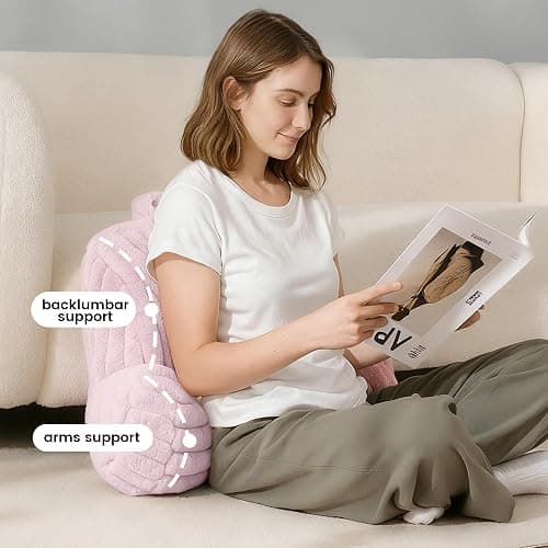 Home Faux Fur Reading Pillow with Pocket for Sitting in Bed, Kids Backrest Bed Pillow with Washable Cover for Lounging, Study & Relaxing, Light Pink 17 inches thumbnail 8