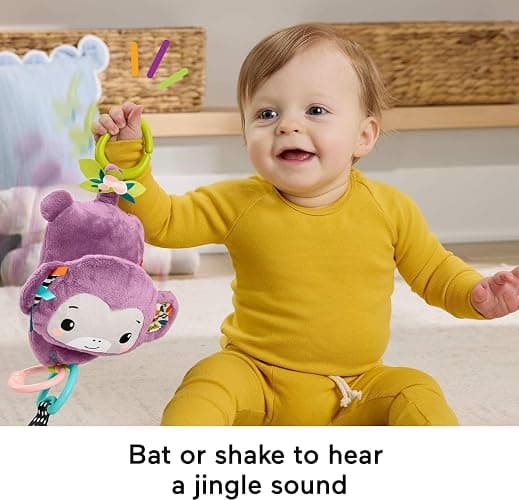 Fisher-Price Baby Stroller Toy Sing & Go Purple Monkey Musical Sensory Plush with Crinkle & Clackers for Newborns from Birth+ thumbnail 4