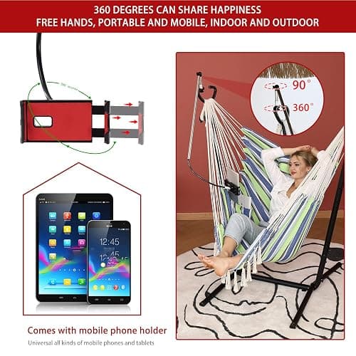 ZEYU Hammock Chair with Stand Double Hammock Chair Bohemian Style with Tassel Mobile Phone Support Manual Adjustable Swing Indoor and Outdoor Garden Porch with Floor mat Reclining Capacity 400 pounds thumbnail 5