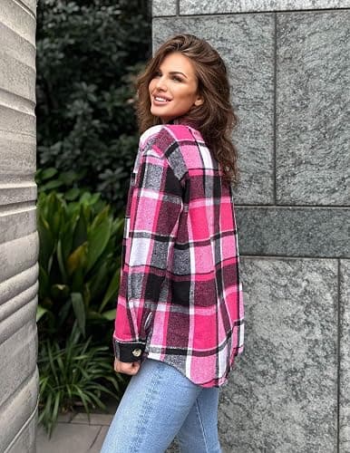 Zeagoo Women Flannel Shacket Jacket Plaid Button Down Long Sleeve Shirt Fall Outfits 2025 thumbnail 5