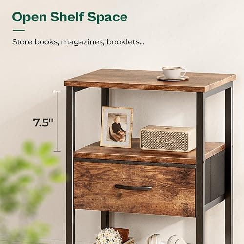 Huuger Nightstand Set of 2, Night Stand with Fabric Drawer, Mesh Shelf, Side Table with Storage, Fabric Drawer Dresser, Open Shelf, Metal Frame, Bedroom, Rustic Brown - 2 - Rustic Brown thumbnail 7