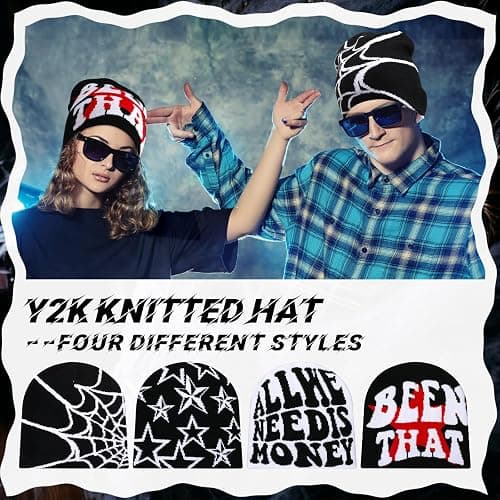 Ramede 4 Pcs Y2k Beanie Pack - Double Sided Graphic Beanies for Men and Women, Acrylic Knitted Y2k Hats Accessories - Knitting - Multiple thumbnail 2
