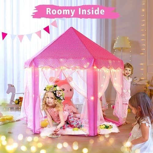 Monobeach Princess Tent Girls Large Playhouse Kids Castle Play Tent with Star Lights Toy for Children Indoor and Outdoor Games, 55'' x 53'' (DxH) - 01 Pink Tent with Little Star Lights thumbnail 2