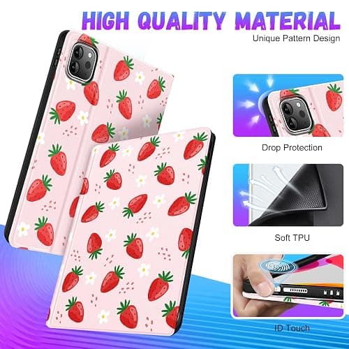 Uppuppy for iPad Air 11 inch (M2/M3) Case, Air 5th/4th Generation 10.9, Pro 11'' Case Cute Kids Women Girls Girly Strawberry Pencil Holder Cover for iPad Air 11 2024/2025, 10.9 2022 2020, Pro 11 thumbnail 4