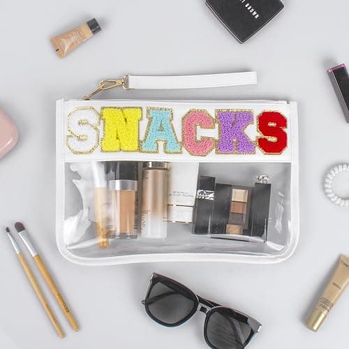 Buycard Snack Bag for Travel with Chenille Letter Patch-Preppy Waterproof Pouch for Travel, Makeup, Gym,Zippered Cosmetic Tote for Women & Girls,Holiday Essentials for Kids. (White) thumbnail 6