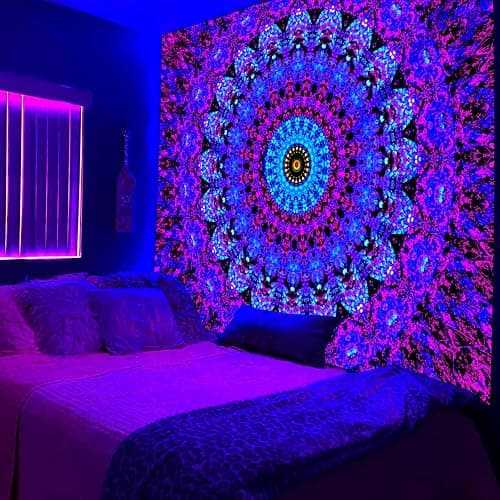 PSYHILAR Blacklight Mandala Boho Tapestry, Black Light Bohemian Hippie Poster for Adults and Teens, UV Reactive Aesthetic Wall Art Decor for Bedroom (60 x 50 Inches) thumbnail 3