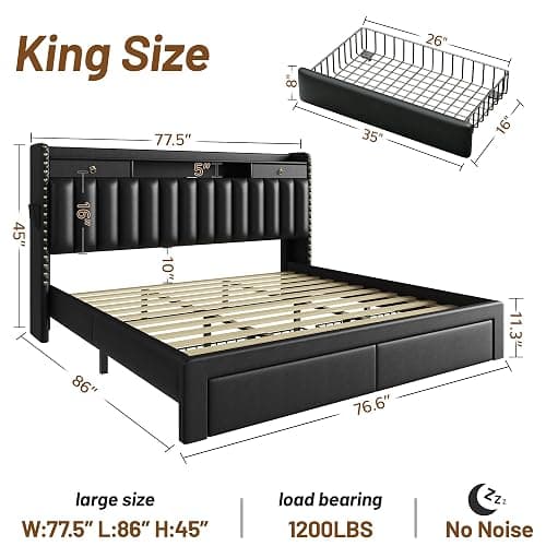 CypBed King Size Bed Frame with Headboard & 4-Storage Drawers, Upholstered | PU Leather Bed Frame with 3 USB & Type-C Charging Ports,Solid Wood Slats,No Box Spring Needed,Noise-Free,Black,Gift thumbnail 2