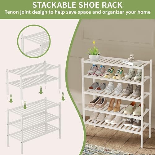 ROMGUAR CRAFT 3 Tier Bamboo Shoe Rack for Closet Free Standing Wood Shoe Shelf Storage Organizer for Entryway Small Space Stackable 27"x11"x20" (White) thumbnail 5