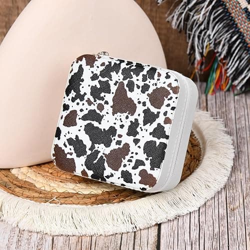 Western Jewelry Box Case Black Brown Cowhide Print Travel Jewelry Organizer Christmas Gifts for Women Country Girls Cowgirl Stuff Small Portable Travel Accessories for Women -White Cowhide thumbnail 8
