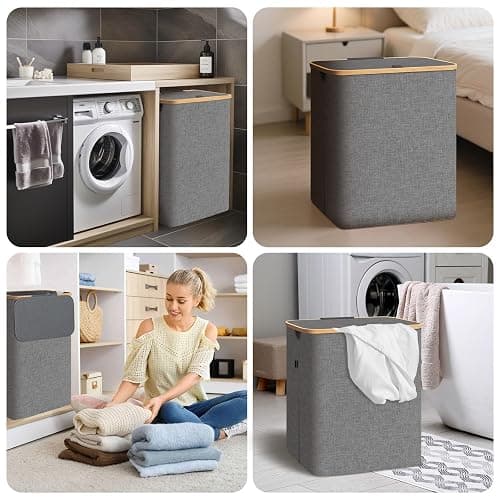 BALEINE Laundry Hamper with Lid, Tall Laundry Baskets with Bamboo Pull Handles, Large Laundry Bin with Internal Support (36 Gal/140L, Black) thumbnail 8