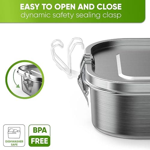 Blockhütte Stainless Steel Lunch Box I 27oz I with free sealing I Bento Box 3 Compartments, Leak-Proof Food Containers, Metal Lunchbox for Travel & Work, Eco-Friendly Meal Storage Solution - 27oz - Silver thumbnail 4