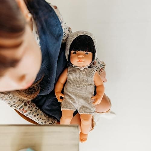 Miniland Dolls: Knitted Doll outfit 38cm - Romper & Bonnet, made of recycled materials, for 38cm Baby doll. Model: Romper & Bonnet in beige. thumbnail 6