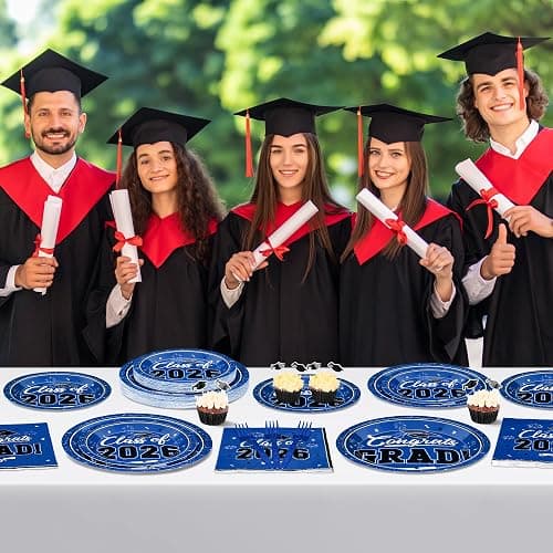 200Pcs Graduation Decorations 2026, Blue Graduation Plates and Napkins Party Supplies for 50 Guests, Disposable Grad Plates, Napkins, Dessert Plates and Forks for Grad Decor Wedding Birthday Supplies thumbnail 8