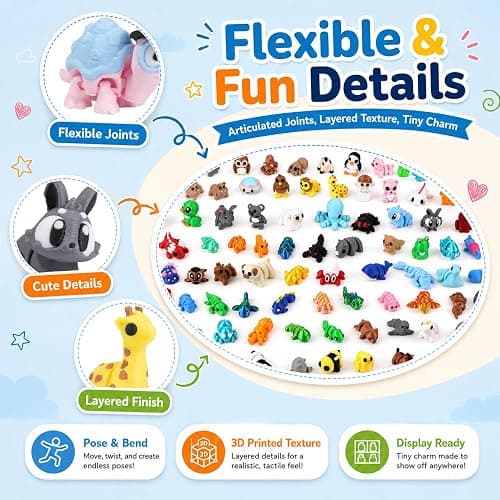 pkaoakyo 200 PCS Mini 3D Printed Animals Bulk, Articulated Animal Figurines Set, Flexible Fidget Toys, Desk Pets for Kids Party Favors, Classroom Rewards and Goodie Bag Stuffers thumbnail 4