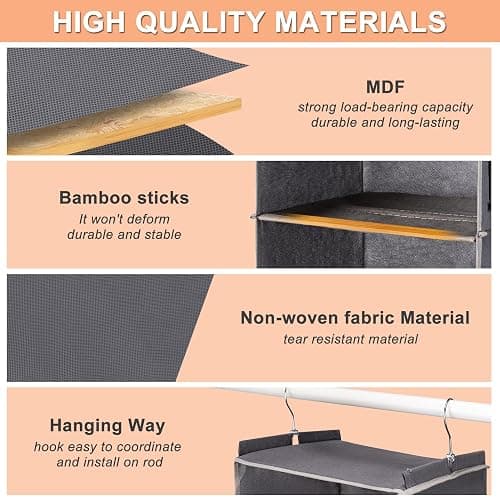 Hanging Closet Organize and Shelves，5-Hanging Shelf with 2 Side Pockets，Storage Foldable （Grey） thumbnail 4